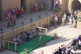 General Sanchez addressing the Change of Authority ceremony in Camp Babylon, Iraq on September 3, 2003. 